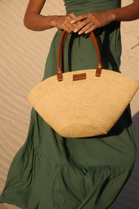 Palm Raffia Tote with Black Leather