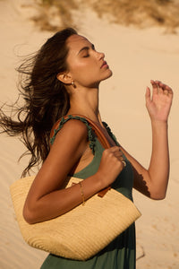 Palm Raffia Tote with Black Leather