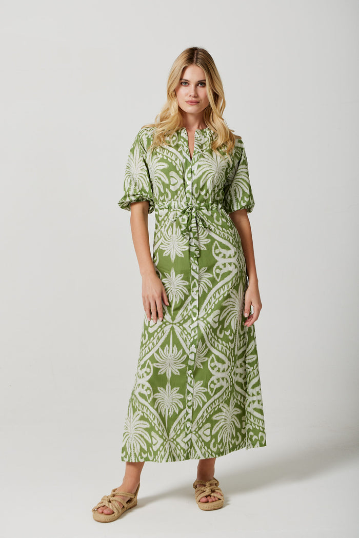 Bianca Shirt Dress in Lime Palm Damask