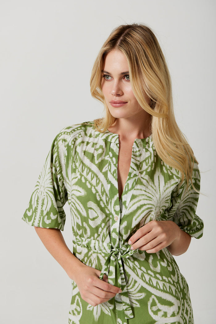 Bianca Shirt Dress in Lime Palm Damask
